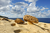 Mushroom rock on the northwest coast of Gozo Island near Wied Il-Mielah, Gharb, Malta, Mediterranean Sea,  Southern Europe