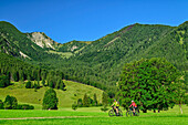  Man and woman mountain biking with the Mangfall Mountains in the background, around the Rotwand, Geitau, Mangfall Mountains, Bavarian Alps, Upper Bavaria, Bavaria, Germany 