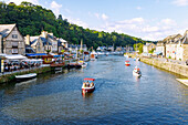 Port de Dinan harbour and the River Rance with boats, Dinan, Emerald Coast, Côtes-d'Armor, Brittany, France