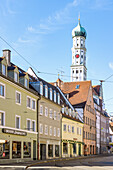  Houses on Milchberg and a view of the Basilica of St. Ulrich and Afra, Augsburg, Swabia, Bavaria, Germany 