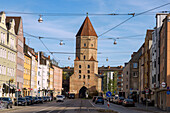  Jakobertor and houses on Jakoberstraße, Augsburg, Swabia, Bavaria, Germany 