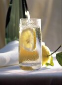 Glas Mineralwasser mit Zitronenscheibe