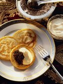 Dish from Russia: three blinis (buckwheat pancakes)