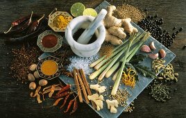 Assorted Exotic Spices with Mortar and Pestle
