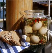 Pickled Eggs in a Spicy Marinade with Bread For a Boat Picnic