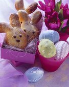 Easter bunny and filled eggs in yeast dough