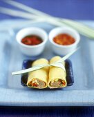 Asian pancake rolls with meat & vegetable filling & 2 sauces