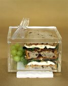 Prosciutto-Mozzarella-Sandwich und Trauben in Frischhaltebox