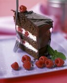 A piece of chocolate raspberry gateau