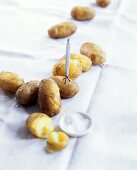 Cooked potatoes with coarse-grained salt & potato peeling fork