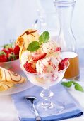 Elderflower syrup and strawberry ice cream with wafer