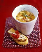 Fish soup and toast with lemon chicken