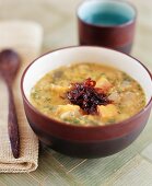 Sweet potato soup with lentils and balsamic onions