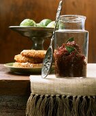 Red onion preserve in jar and celery cutlet