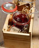 Home-made strawberry jam in a wooden box