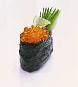 Gunkan-maki-sushi (rolled nori sheet with soft filling)