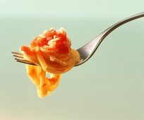 Spaghetti mit Tomatensugo auf Gabel