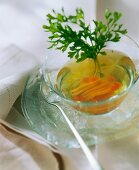 Chilled chicken consomme with parsley on ice