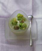 Cream of Brussels sprout soup with lamb balls & chervil