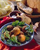 Felafel (chick pea balls) with flat bread and dip
