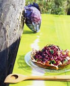 Red cabbage and bacon salad on table in open air
