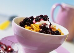 Cornflakes with blueberry & lemon jam and blobs of yoghurt
