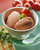 Chilled tomato mousse in white bowl