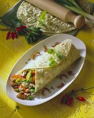 Duck breast and rice wrap with coriander leaves