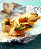Plaice rolls with pepper & cucumber filling cooked in foil