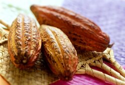 Cacao seed pods on bamboo mat