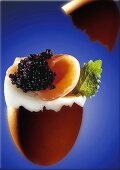 Egg with salmon, caviare substitute and lemon balm