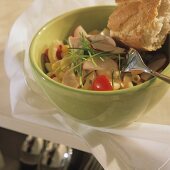 Pasta salad with cherry tomatoes, radishes & sausage