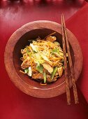 Noodles with chicken vegetables and vegetables cooked in wok