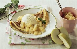 Crepes with apple compote and vanilla ice cream