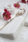 Sugar cubes, a spoon and japonica on a serviette