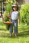 A little girl in a garden holding a basket of carrots