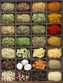 Various dried herbs and spices in type case (overhead view)