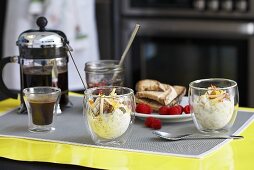 Muesli, bread, jam and coffee on breakfast tray
