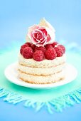 Small sponge cake with raspberries and rose