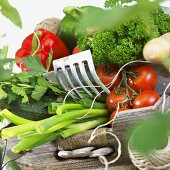 Fresh vegetables, kitchen string and garden tool