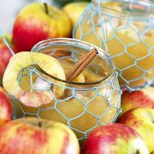 Apple compote with cinnamon stick in preserving jar