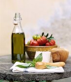 Basil, cheese, tomatoes and olive oil