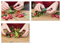 Making a Christmas wreath of holly leaves & ornamental apples