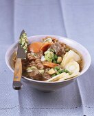 Vegetable and noodle soup with beef