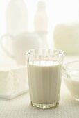 Glas Milch und verschiedene Milchprodukte
