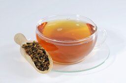 Rhabarberwurzel auf Holzschaufel mit Tee
