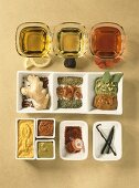 Various spices, oil and vinegar for luxury dishes