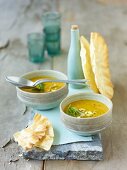 Pea soup with sesame oil and mango
