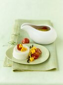 Coconut panna cotta with grape tomatoes and mango