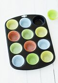 Muffin tin with coloured paper cases